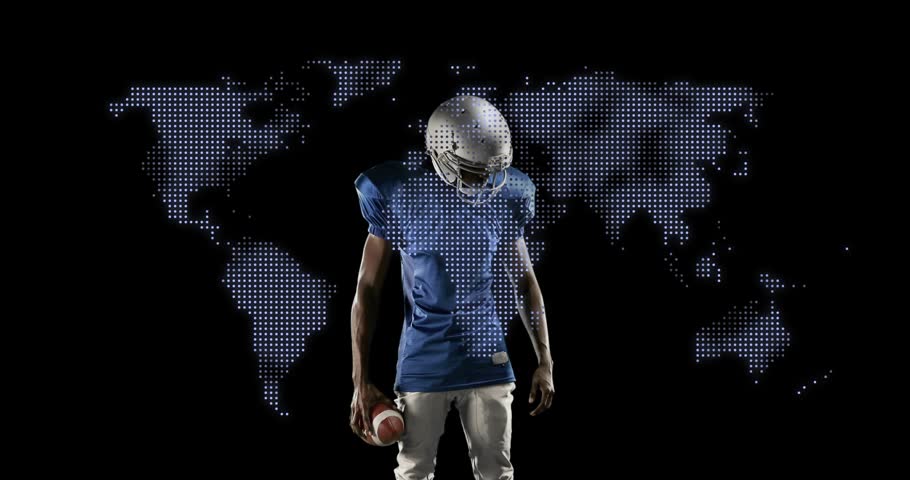 male football player starting drill by bouncing ball on thigh scanning field with map backdrop. Athlete, sports, performance, dynamic, modern, training, motivation