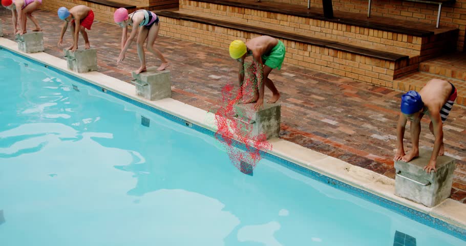 Kids pushing off starting blocks for health lesson, diving into pool with swirling confetti trails. Children, aquatic, celebration, motion, vibrant, recreational, splash