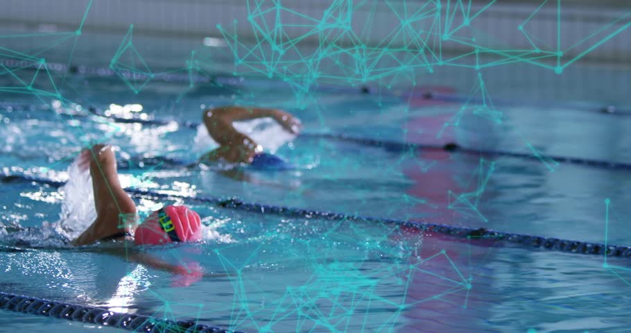 Competitive swimmers starting workout and propelling in lanes with goggles and swim caps for drill. Athletics, fitness, aquatic, motion, determination, training, sport