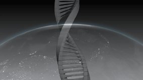 3D DNA helix appearing above glowing Earth limb rotating slowly to showcase genetic science. Molecular, innovation, futuristic, technology, science, celestial, illumination - Powered by Shutterstock - Get 15% off with code: PIKWIZARD15