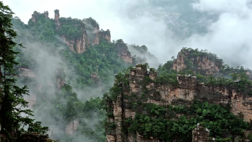 Misty clouds shroud the towering sandstone pillars of zhangjiajie national forest park