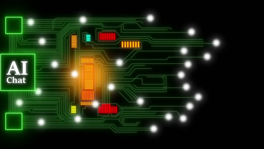 AI Chatbot Circuit Board Animation Abstract Technology Digital Network Data Processing. AI Chatbot And Circuit Technology Power Smart Systems. Digital Innovation Drives Future Communication. - Powered by Shutterstock - Get 15% off with code: PIKWIZARD15