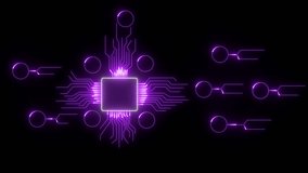Futuristic circuit board processor with glowing data lines and circular nodes. Futuristic circuit board with CPU and microchip. Digital network connection and data processing. - Powered by Shutterstock - Get 15% off with code: PIKWIZARD15
