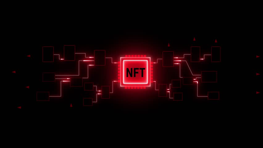 NFT Blockchain Technology Digital Art Cryptocurrency Network Animation Red Neon Glowing Circuit. Animated NFT And Blockchain Network With Neon Red Circuit Board And Data Processing. - Powered by Shutterstock - Get 15% off with code: PIKWIZARD15