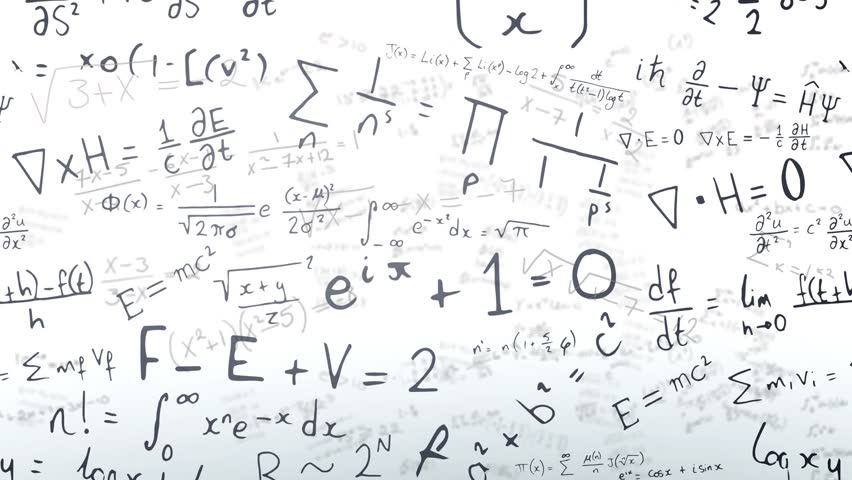 White canvas presenting static mathematical formulas filling frame, visualizing math concepts. Analytics, education, algebra, theoretical, abstract, academic, intellectual