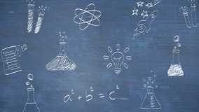 Timer flickering starting four colored icons entering and hovering chalk doodles showing science. Educational, scientific, classroom, illustration, technology, experimentation, innovation - Powered by Shutterstock - Get 15% off with code: PIKWIZARD15