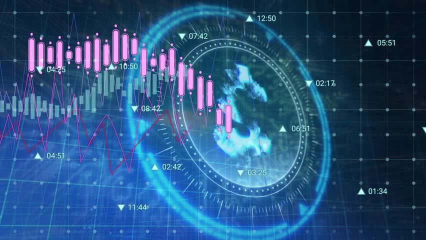 On start interface showing bars, red line and timestamps, pulsing HUD globe showing market trends. Financial, data, visualization, futuristic, technology, analytics, digital - Powered by Shutterstock - Get 15% off with code: PIKWIZARD15