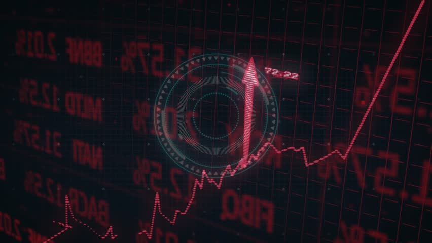 Grid opening with scrolling data, HUD reticle pulsing, arrows, graph spiking indicating signal rise. Technology, interface, digital, analytics, innovation, futuristic, motion graphics