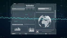 data dashboard emerging against dark backdrop visualizing rising graph rotating globe sweeping dots. Analytics, visualization, futuristic, technology, innovation, digital, motion - Powered by Shutterstock - Get 15% off with code: PIKWIZARD15