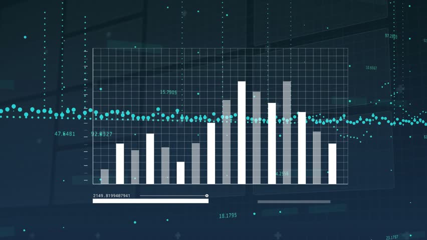 On dashboard load bars filling while turquoise line climbing, slider advancing to show data trends. Analytics, innovation, technology, data, visualization, futurism, digital