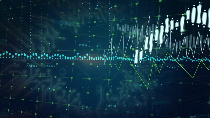 Node grid starting candlestick bars and line graphs streaming, red symbol forming, chart rising. Futuristic, technology, data visualization, financial, analytical, dynamic, vibrant - Powered by Shutterstock - Get 15% off with code: PIKWIZARD15