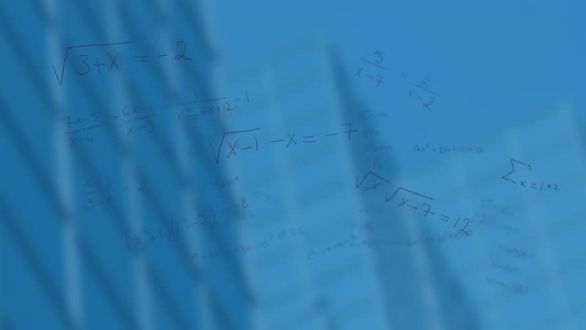 Starting with algebraic expressions initiating translucent blue bands rippling to reveal integrals. Abstract, digital, mathematical, futuristic, fluid, analytical, technology