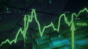 On interface load, green line graph oscillating peaks with up arrows showing data trends on panels. Data analysis, digital interface, information graphics, high-tech visualization, futuristic design, - Powered by Shutterstock - Get 15% off with code: PIKWIZARD15