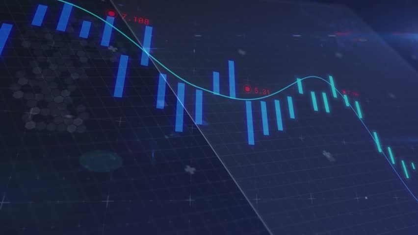 Playback starting, cyan trend line sweeping grid, pulsing hexagon, red labels marking varying bars. Technology, analytics, futuristic, data, digital, interface, visualization - Powered by Shutterstock - Get 15% off with code: PIKWIZARD15