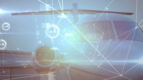 On startup digital overlay appearing over business jet, zooming and nodes pulsing to show data. Luxury, innovation, high-tech, aviation, machinery, transportation, engineering - Powered by Shutterstock - Get 15% off with code: PIKWIZARD15