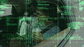 Woman scrolling smartphone in car, activating green code overlay in technology demo and sipping cup. Technology, digital, automotive, futurism, communication, lifestyle, modern - Powered by Shutterstock - Get 15% off with code: PIKWIZARD15