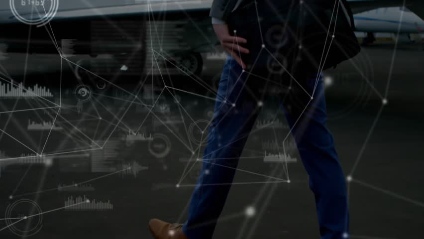 Businessman striding across tarmac toward jet, activating digital overlays visualizing connectivity. Corporate, transportation, futuristic, technology, innovation, executive, venture - Powered by Shutterstock - Get 15% off with code: PIKWIZARD15