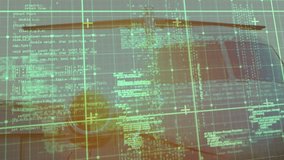 Green code overlay with gridlines initiating scan while scanning coffee mug then revealing jet nose. Cybersecurity, aviation, technology, futuristic, corporate, digital, interface - Powered by Shutterstock - Get 15% off with code: PIKWIZARD15