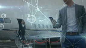 Mid adult man checking smartphone and showing data overlays monitoring arriving business associates. Luxury, corporate, technology, connectivity, executive, travel, modern - Powered by Shutterstock - Get 15% off with code: PIKWIZARD15