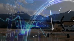 Clock hands rotating initiating digital overlay visualizing financial trends over static airplane. Aviation, analytics, finance, technology, travel, corporate, data visualization - Powered by Shutterstock - Get 15% off with code: PIKWIZARD15