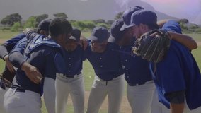 Central player offering pregame speech sparking animated metrics drifting across navy baseball team. Athletes, camaraderie, teamwork, strategy, motivation, outdoors, minimalism - Powered by Shutterstock - Get 15% off with code: PIKWIZARD15