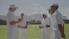 Cricket teammate stepping forward outlining plan with network sphere boosting sports strategy. Athletes, teamwork, strategy, collaboration, digital, futuristic, outdoor - Powered by Shutterstock - Get 15% off with code: PIKWIZARD15