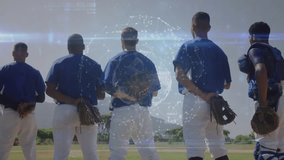 Six baseball teammates positioning in outfield, starting data sphere overlay for sports analytics. Athletes, teamwork, digital, technology, sport, outdoor, vibrant - Powered by Shutterstock - Get 15% off with code: PIKWIZARD15