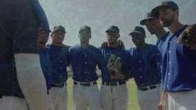 Coach entering huddle and extending arm, motivating baseball team while players focusing. Team, camaraderie, unity, sportsmanship, discipline, outdoor, inspirational - Powered by Shutterstock - Get 15% off with code: PIKWIZARD15