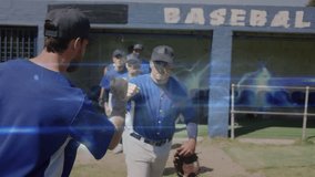 Players approaching coach bumping gloved fists running past with swirling graphics in sports. Athletics, teamwork, competitive, motion, outdoor, vigor, training - Powered by Shutterstock - Get 15% off with code: PIKWIZARD15