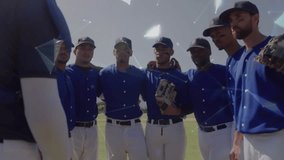 Coach guiding baseball team into huddle connecting network lines to spinning globe showing strategy. Team, teamwork, connectivity, digital, innovation, collaboration, technology - Powered by Shutterstock - Get 15% off with code: PIKWIZARD15