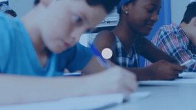 Children writing and glancing phone initiating network connecting icons for classroom collaboration. Education, technology, collaboration, digital, learning, communication, youth - Powered by Shutterstock - Get 15% off with code: PIKWIZARD15