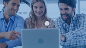 Three coworkers in business meeting pointing laptop causing growing network icons. Collaboration, teamwork, innovation, digital, modern, connection, networking - Powered by Shutterstock - Get 15% off with code: PIKWIZARD15