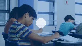 Students writing in classroom activating digital icons linking classmates boosting learning. Education, collaboration, technology, networking, focus, innovation, classroom - Powered by Shutterstock - Get 15% off with code: PIKWIZARD15