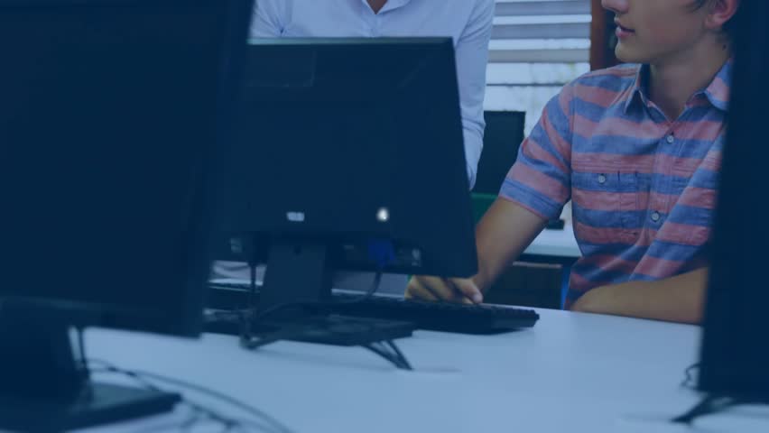 Teacher pointing smartphone and guiding student typing while network icons emerging in tech lab. Mentoring, education, technology, teamwork, connection, innovation, learning - Powered by Shutterstock - Get 15% off with code: PIKWIZARD15