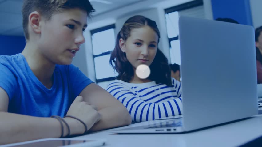 Students working at laptop in classroom noticing network node emerging then visualizing connections. Digital, connection, collaboration, educational, futuristic, technology, innovation - Powered by Shutterstock - Get 15% off with code: PIKWIZARD15