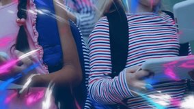 Schoolchildren raising tablets in classroom, comparing screens, sharing info with pink-blue lights. Education, technology, collaboration, digital, learning, youth, classroom - Powered by Shutterstock - Get 15% off with code: PIKWIZARD15