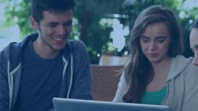 team of three leaning into laptop loading network overlay growing tech community connections. Collaboration, connectivity, networking, community, communication, modern, casual - Powered by Shutterstock - Get 15% off with code: PIKWIZARD15