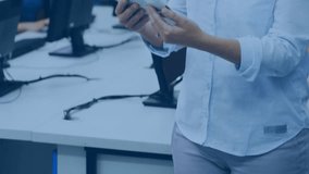 Mature business woman tapping tablet screen and generating animated network nodes for teamwork. Collaboration, digital, technology, communication, networking, workspace, professional - Powered by Shutterstock - Get 15% off with code: PIKWIZARD15