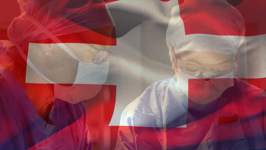 Two surgeons adjusting mask and consulting for surgery under transparent Swiss flag overlay. Medical team, healthcare, collaboration, sterile, professionalism, hospital, teamwork - Powered by Shutterstock - Get 15% off with code: PIKWIZARD15