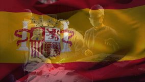 Spanish flag rippling in OR initiating surgeon incising and taking suturing needle from assistant. Medical, professionalism, precision, teamwork, healthcare, sterile, innovation - Powered by Shutterstock - Get 15% off with code: PIKWIZARD15