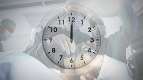 Surgical team operating, transparent clock overlay appearing, tracking time with ten-minute jumps. Medical, professional, teamwork, precision, sterile, healthcare, technology - Powered by Shutterstock - Get 15% off with code: PIKWIZARD15