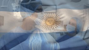 Male surgeon turning toward assistant and guiding medical instruments under Argentine flag overlay. Medical, healthcare, medicine, professionalism, teamwork, sterile, clinical - Powered by Shutterstock - Get 15% off with code: PIKWIZARD15