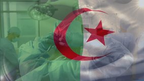 Surgeon securing headlamp grasping tool enhancing accuracy with translucent Algerian flag overlay. Medical, teamwork, precision, healthcare, clinical, innovation, professionalism - Powered by Shutterstock - Get 15% off with code: PIKWIZARD15