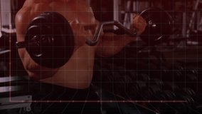 Man gripping EZ bar in fitness gym, activating red grid, trajectory during curling, monitoring form. Fitness, strength, resistance, muscle, training, workout, athletic - Powered by Shutterstock - Get 15% off with code: PIKWIZARD15