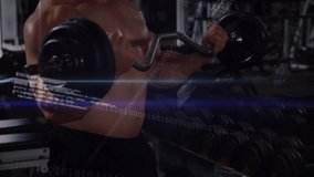 Shirtless man gripping EZ curl bar, curling for fitness tracking with digital overlays pulsing data. Strength, fitness, technology, data, exercise, physique, modern - Powered by Shutterstock - Get 15% off with code: PIKWIZARD15