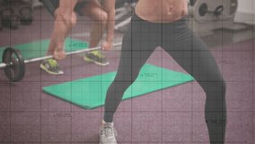 Gym fitness duo squatting then pressing barbell and dumbbells overhead with metrics graph animating. Strength, training, wellness, functional, motivation, endurance, performance - Powered by Shutterstock - Get 15% off with code: PIKWIZARD15