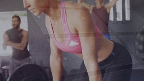 Mid-adult woman stepping to barbell and pulling rows for fitness training with digital overlay. Strength, fitness, workout, training, gym, motion, determination - Powered by Shutterstock - Get 15% off with code: PIKWIZARD15