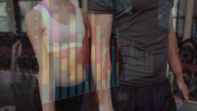 data overlay animating guiding training partners performing bicep curls in gym tracking performance. Fitness, strength, workout, training, analytics, performance, motivation - Powered by Shutterstock - Get 15% off with code: PIKWIZARD15