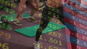 Woman squatting then pressing dumbbells, man squatting bar causing scrolling market numbers overlay. Strength, fitness, training, athletic, workout, health, exercise - Powered by Shutterstock - Get 15% off with code: PIKWIZARD15