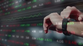 Male athlete tapping smartwatch swiping market graphs pressing treadmill start for finance workout. Fitness, technology, innovation, health, digital, determination, dynamic - Powered by Shutterstock - Get 15% off with code: PIKWIZARD15